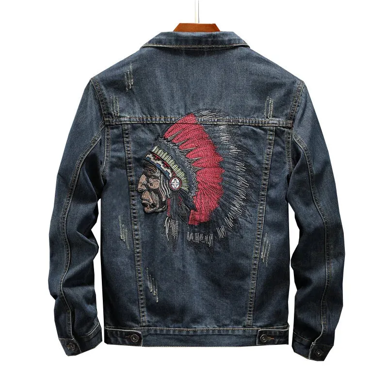 Xituodai Fashion Streetwear Men Jacket Retro Blue Indian Chief Embroidery Denim Jackets Men Size M-6XL Hip Hop Punk Coats