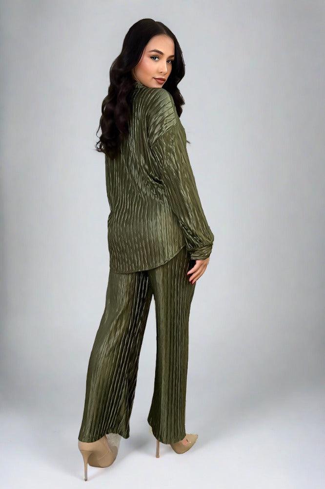 Zig Zag Shirred Satin Finish Shirt And Trousers Set